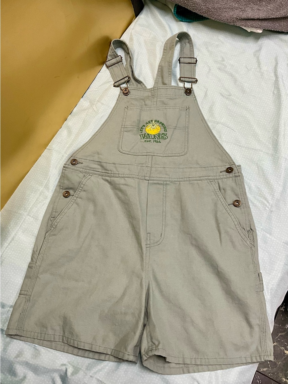 Vans Women's Light Olive Short Overalls with Lemon Patch